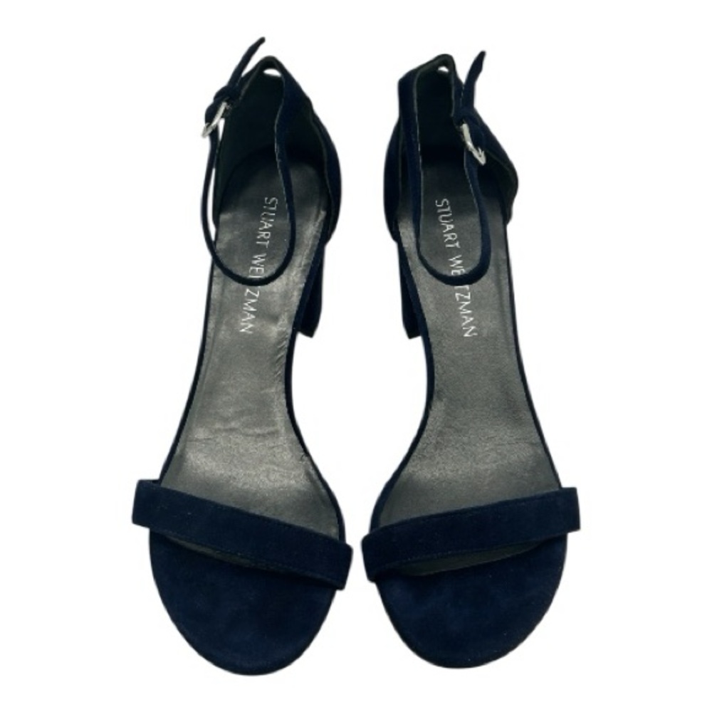 Stuart Weitzman Navy Nearlynude Suede Ankle-Strap Block Heel Sandals 9.5